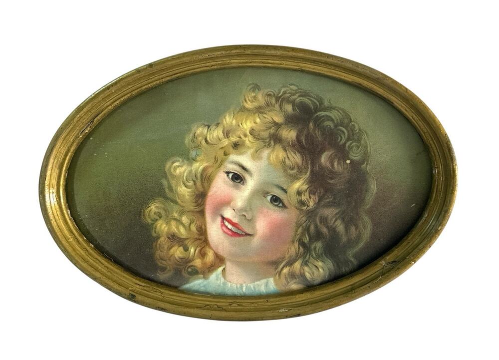 Antique Victorian Girl Portrait Print Oval Convex Glass Gilt Frame 14x9.5